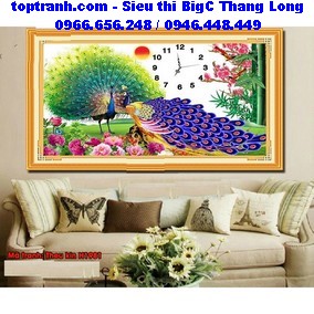 Tranh thêu đồng hồ chim công